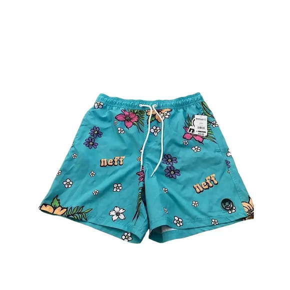 NWT Neff Swim Trunks Adult Blue Hawaiian Swimwear Board Shorts Size Large - Picture 1 of 7